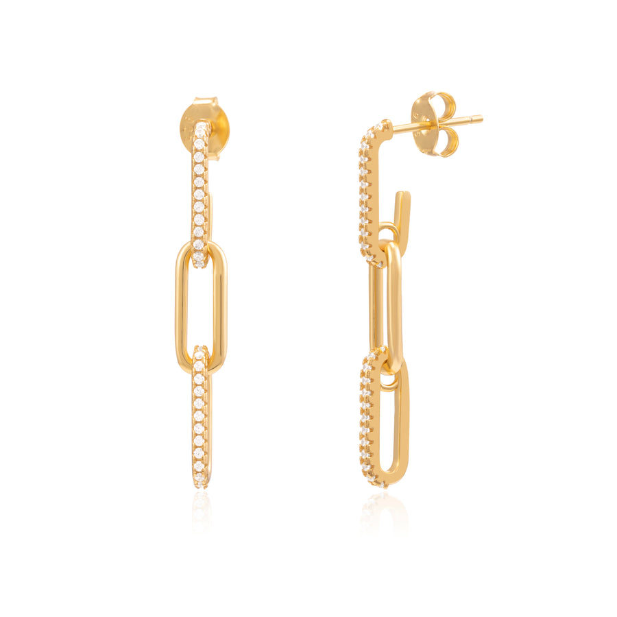 18ct gold plated on 925 sterling silver paperclip link earrings set in cubic zirconia stone, hypoallergenic, safe for sensitive skin