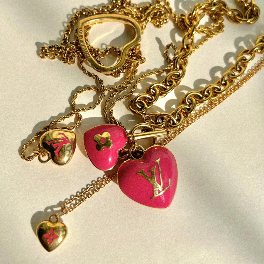 Authentic Louis Vuitton Heart LV Logo Chain Bracelet Gold Red From Japan