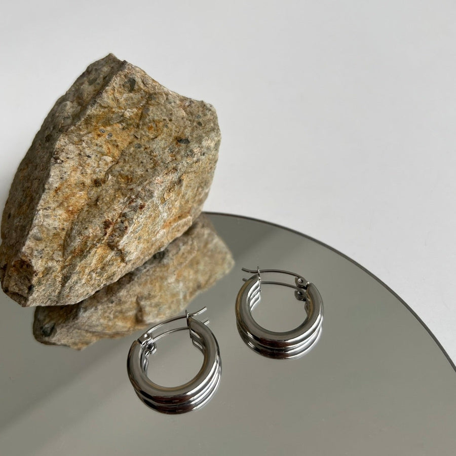 silver hoop earrings with mirror and rock